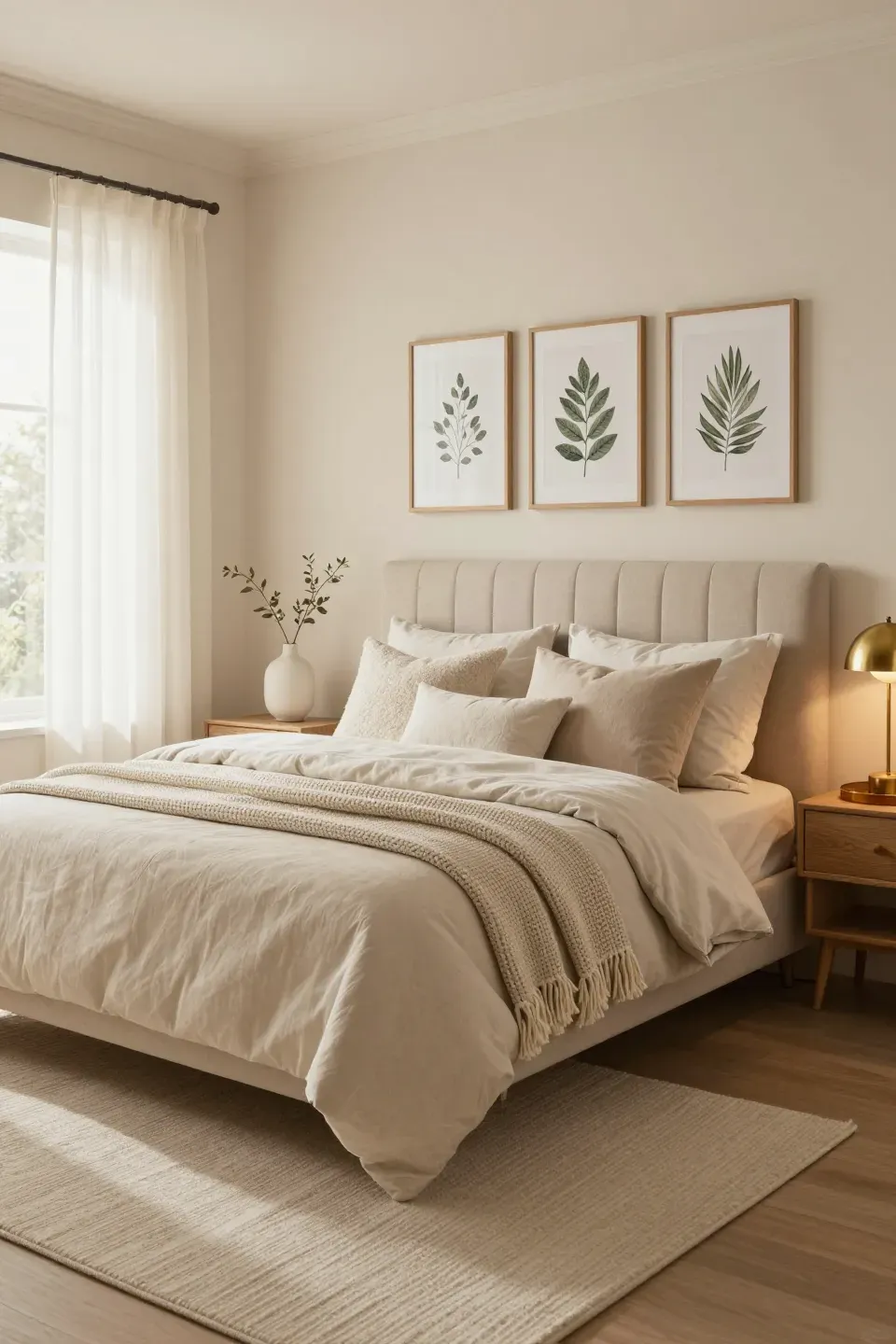 Cozy beige bedroom featuring an upholstered queen bed with a light-beige headboard.