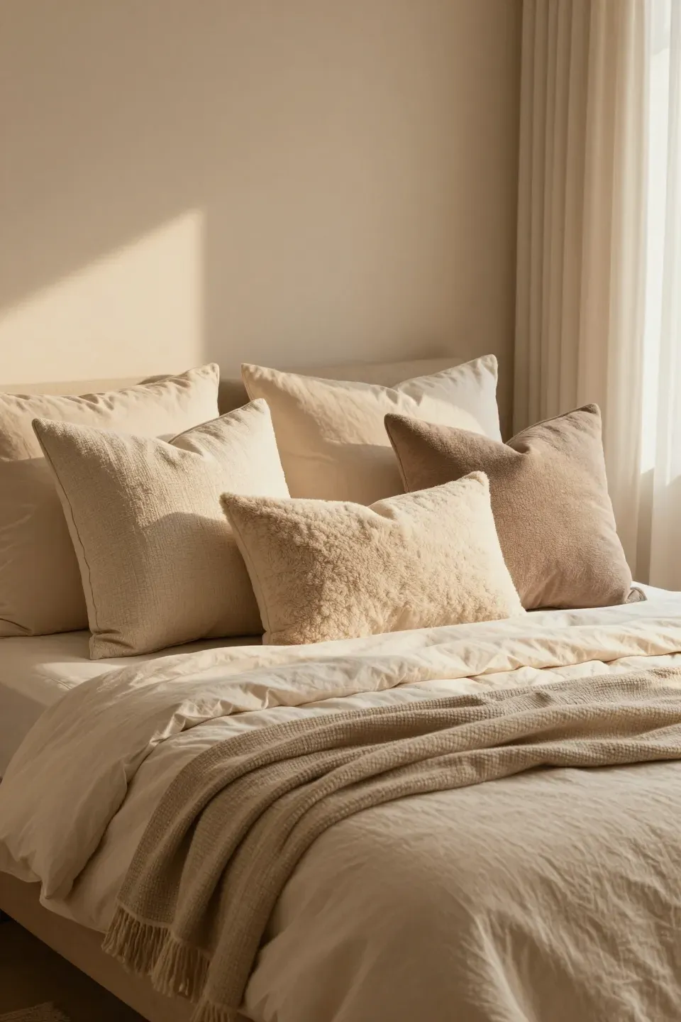 A cozy beige bedroom decorated with various textured pillows on the bed.