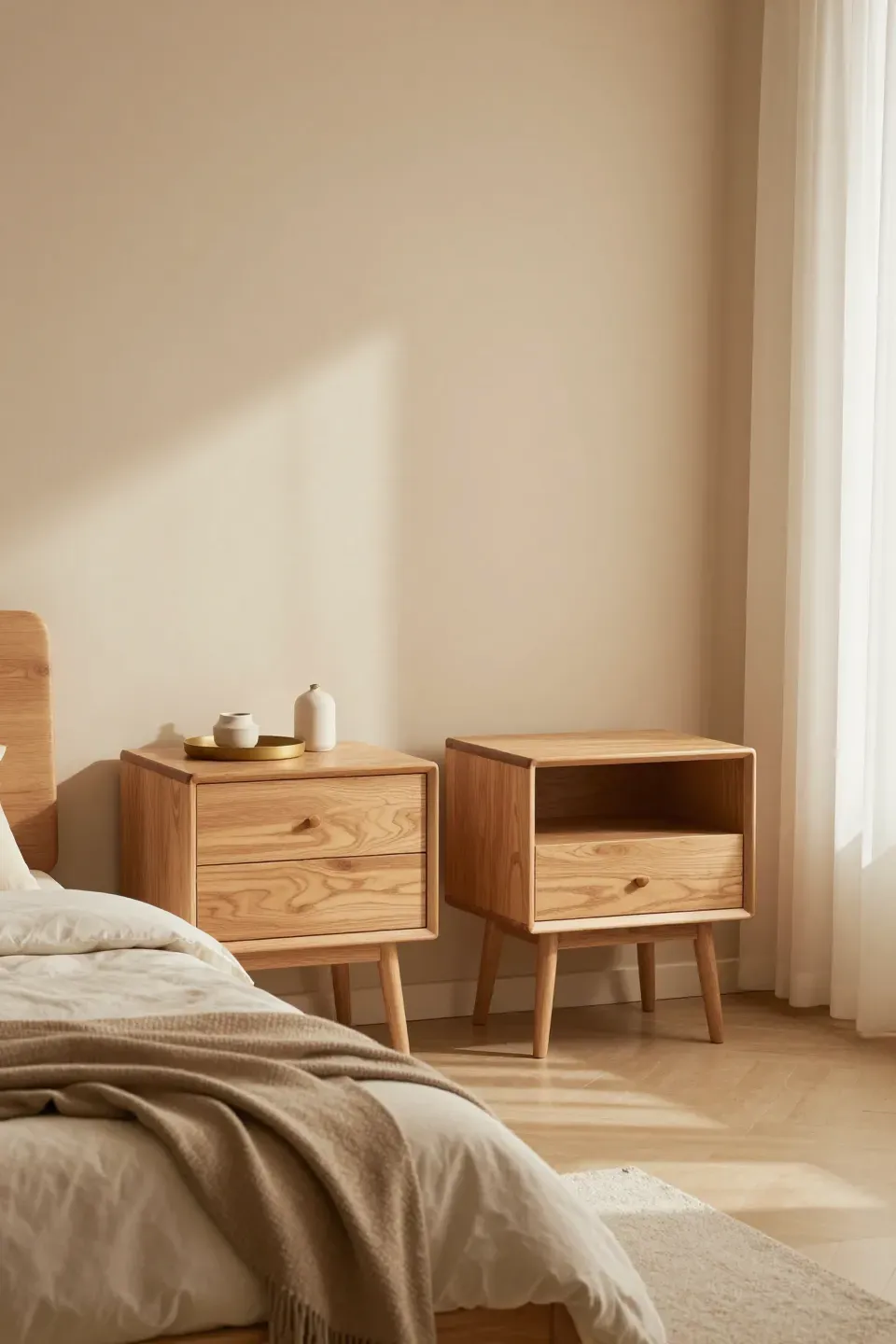 Mid-century wood nightstands flanking a bed in a cozy beige bedroom.