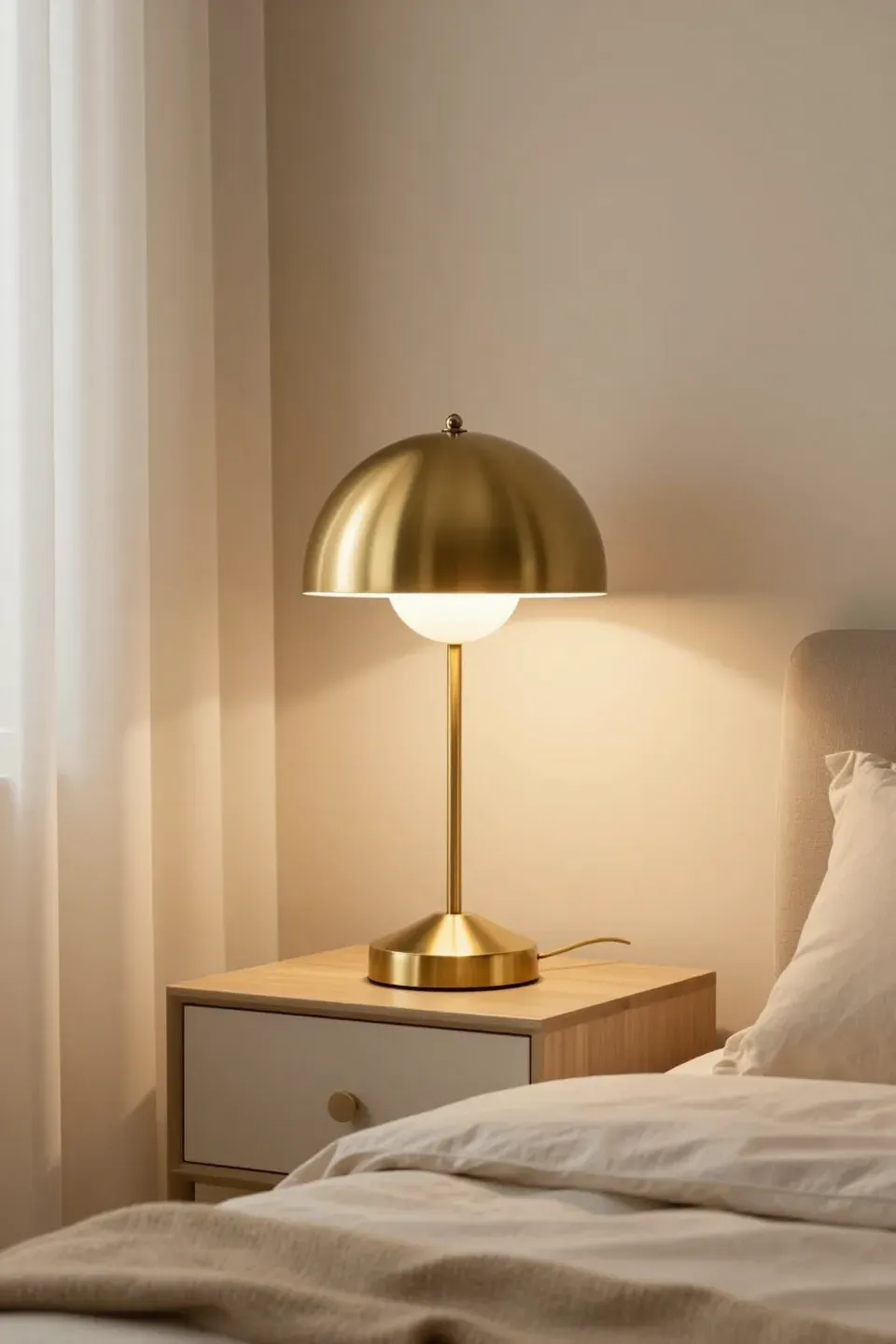 A stylish brass dome lamp providing warm light on a nightstand in a cozy beige bedroom.