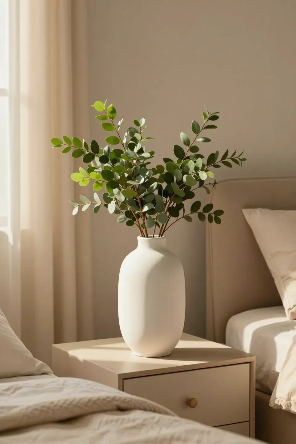 A matte white sculptural vase with greenery on a nightstand in a cozy beige bedroom.