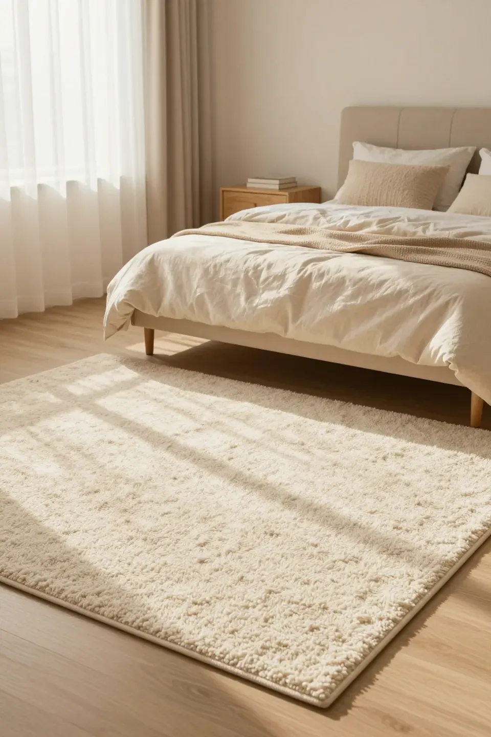 A cream textured rug under a queen bed in a cozy beige bedroom.