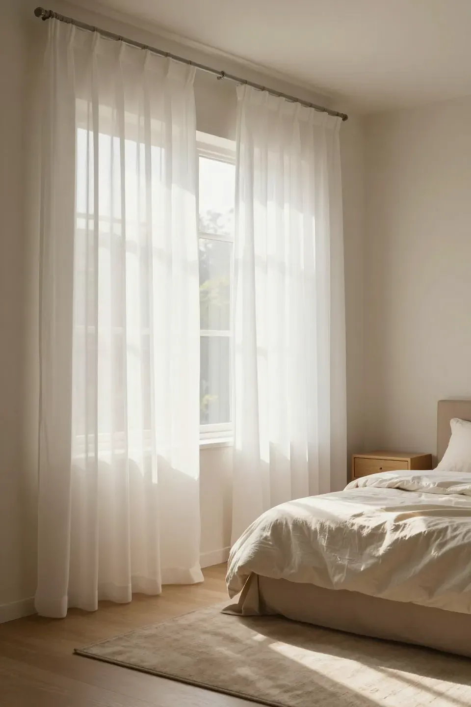 Full-length sheer curtains softly diffusing light in a cozy beige bedroom.