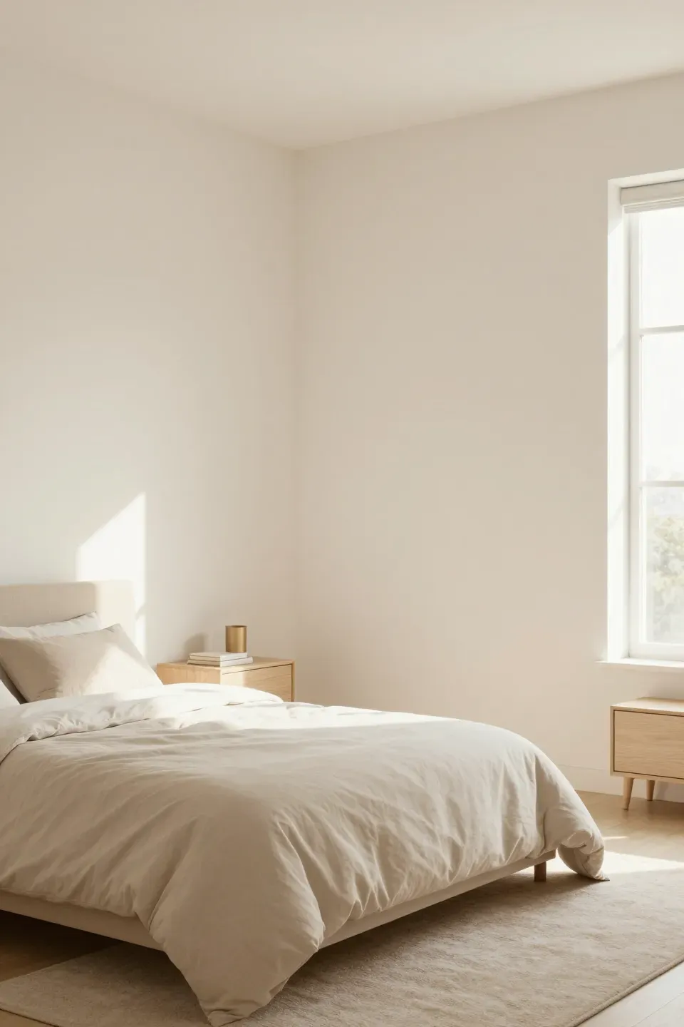 Warm off-white walls in a serene beige bedroom enhancing calmness.