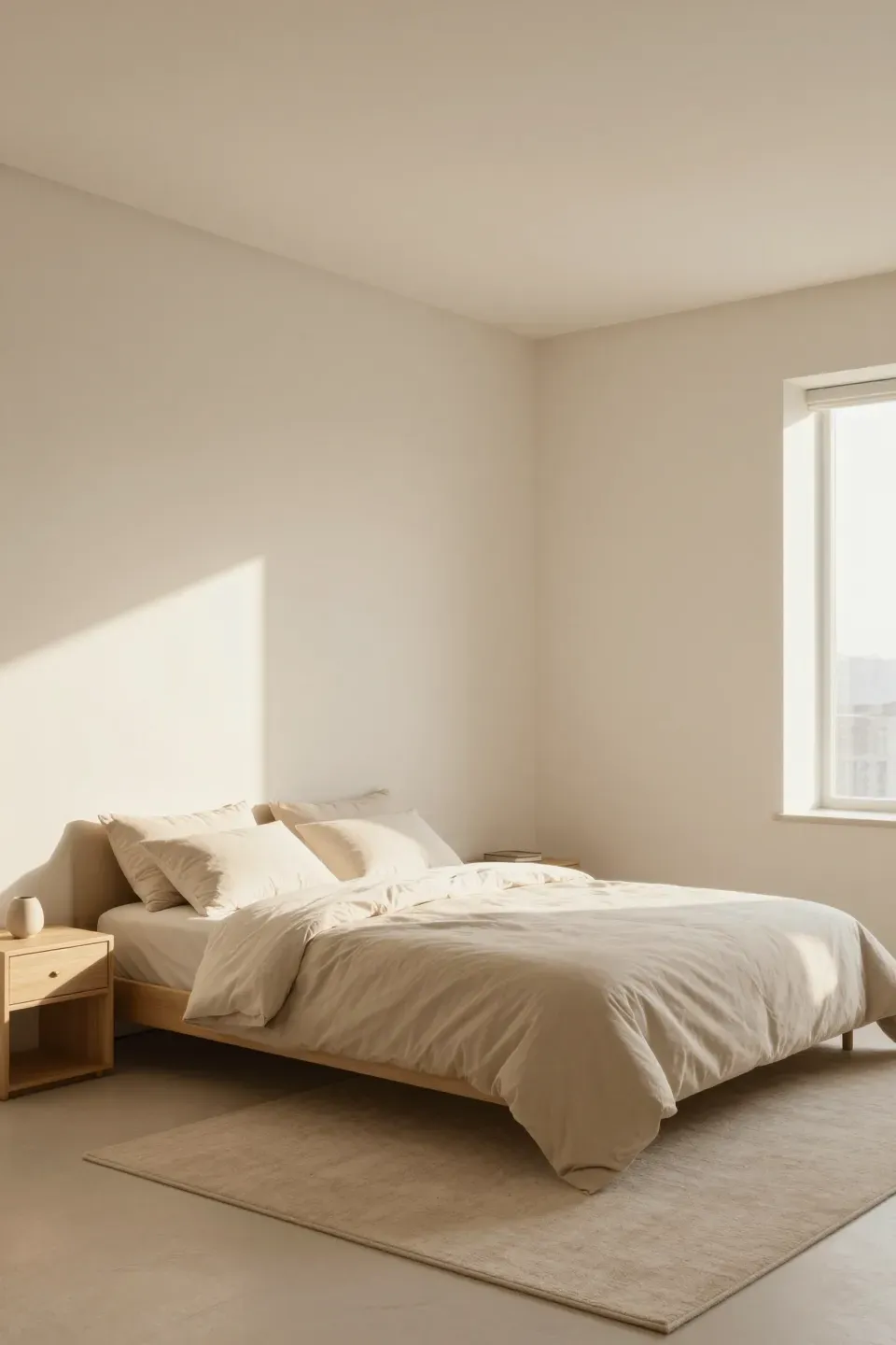 A spacious minimalist bedroom with generous negative space around the bed.