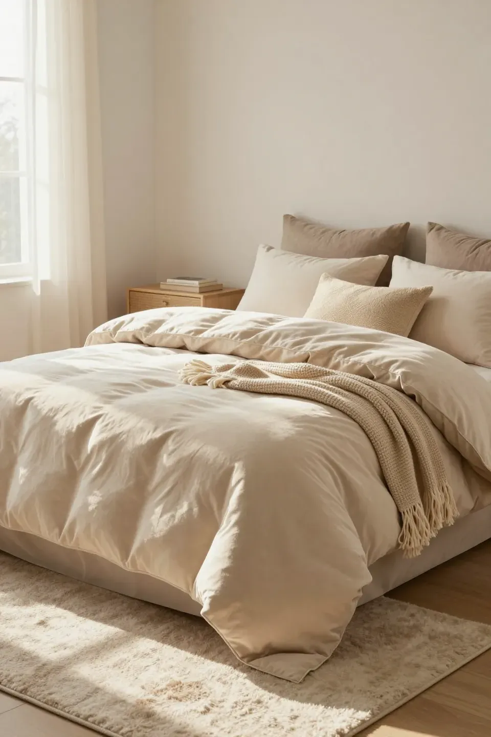 A plush beige duvet layered on a cozy bed in a warm bedroom.