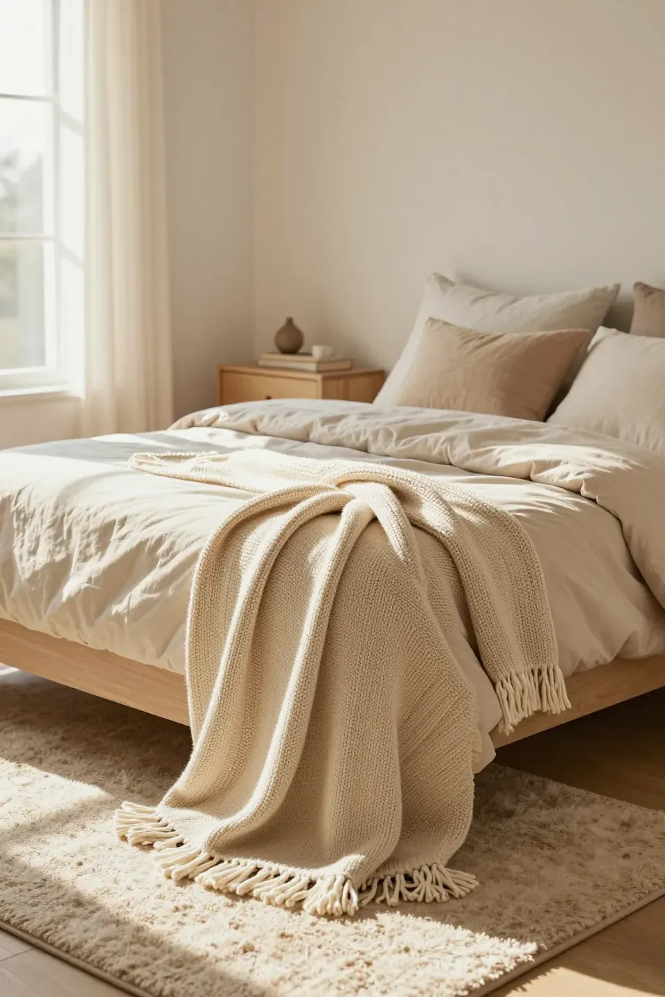 A knit tassel throw draped over a cozy bed in a warm beige bedroom.