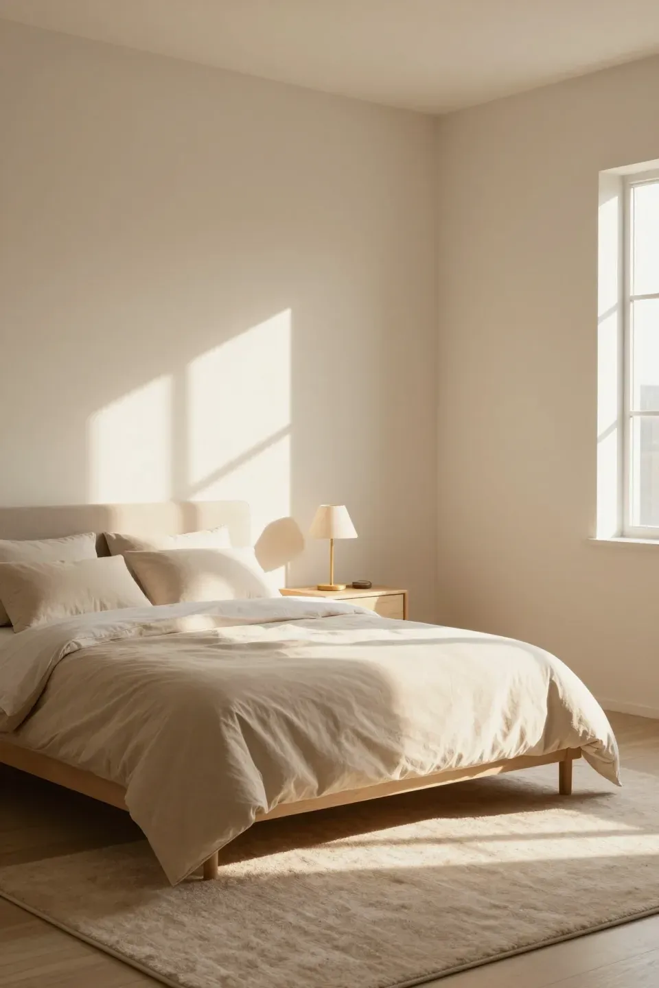 Soft shadows creating a tranquil atmosphere in a cozy beige bedroom.
