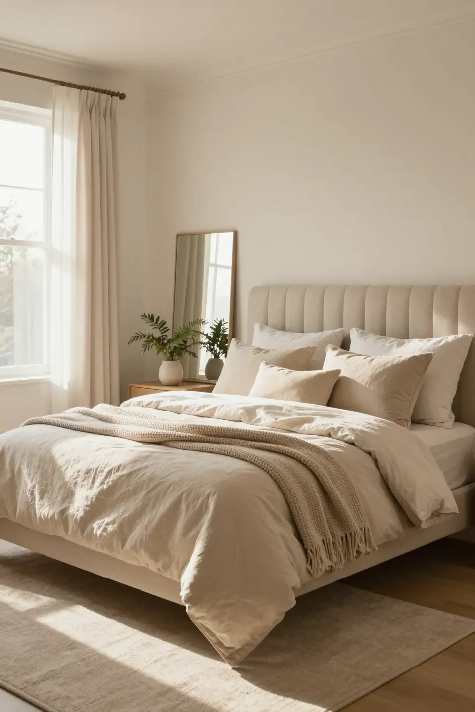 A spacious beige bedroom filled with natural daylight, featuring a plush bed and soft textures.