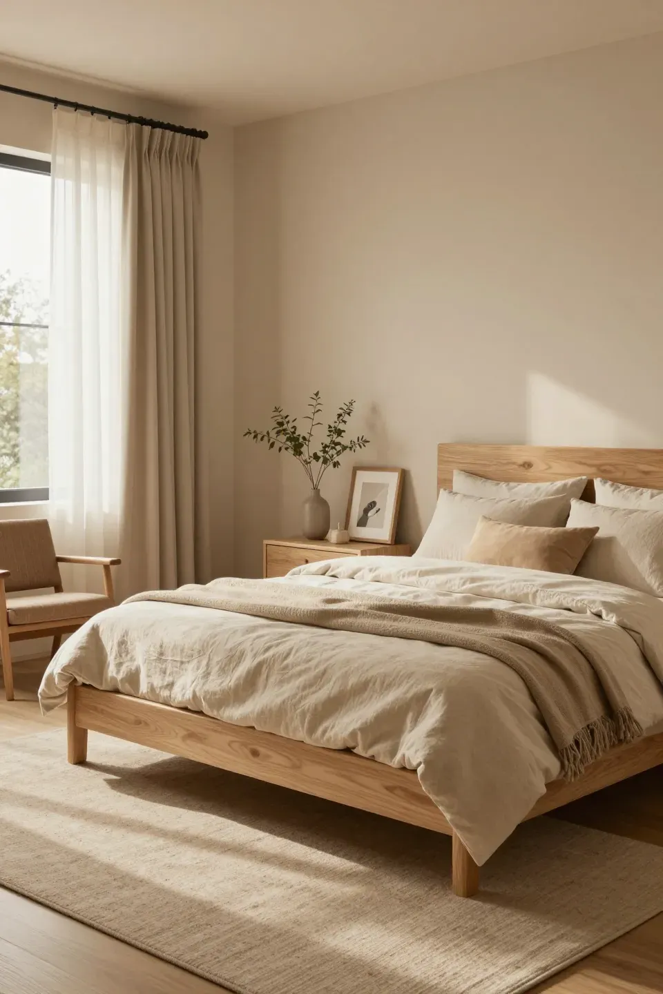 A beige bedroom featuring light-grain wood accents and soft textiles for a cozy atmosphere.