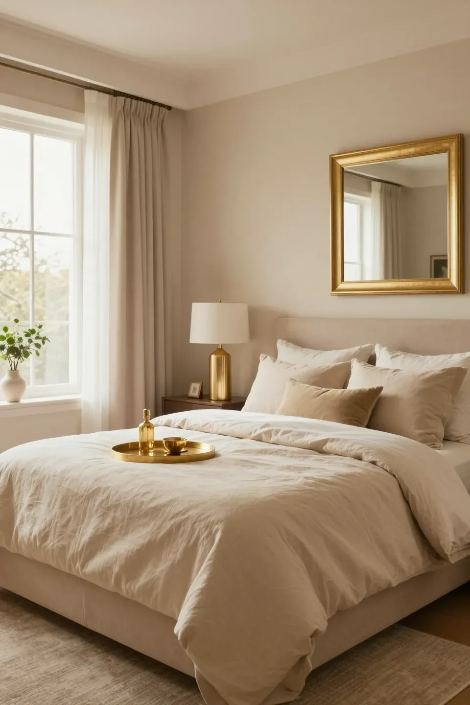 A cozy beige bedroom featuring elegant muted gold accents for a sophisticated touch.
