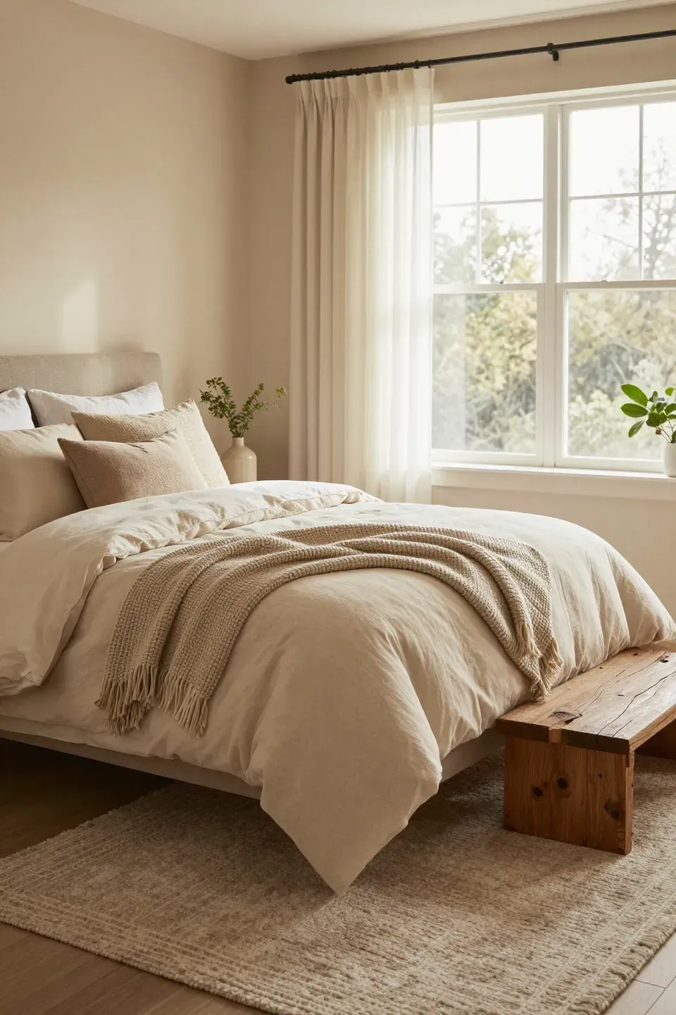 A cozy beige bedroom showcasing layered textures with soft bedding and rustic elements.