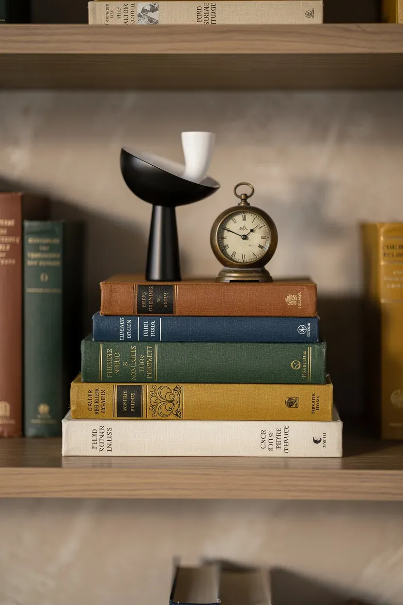 A cozy bookshelf with layered books and decorative objects like a vintage clock.