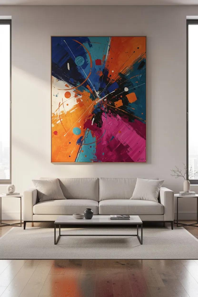 A modern living room with an oversized abstract painting above a stylish couch.