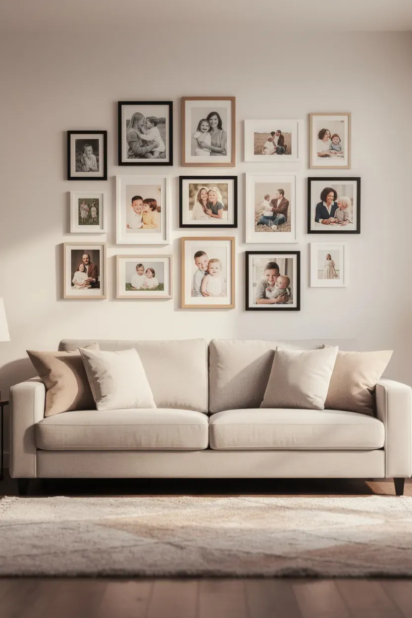 A cozy living room with a gallery wall of family photos above a comfortable sofa.