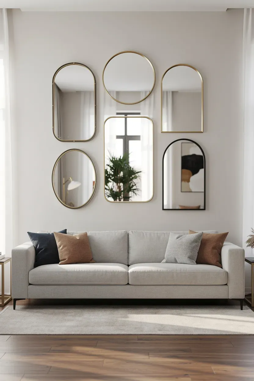 An elegant living room with a gallery wall of mirrors above a stylish couch.