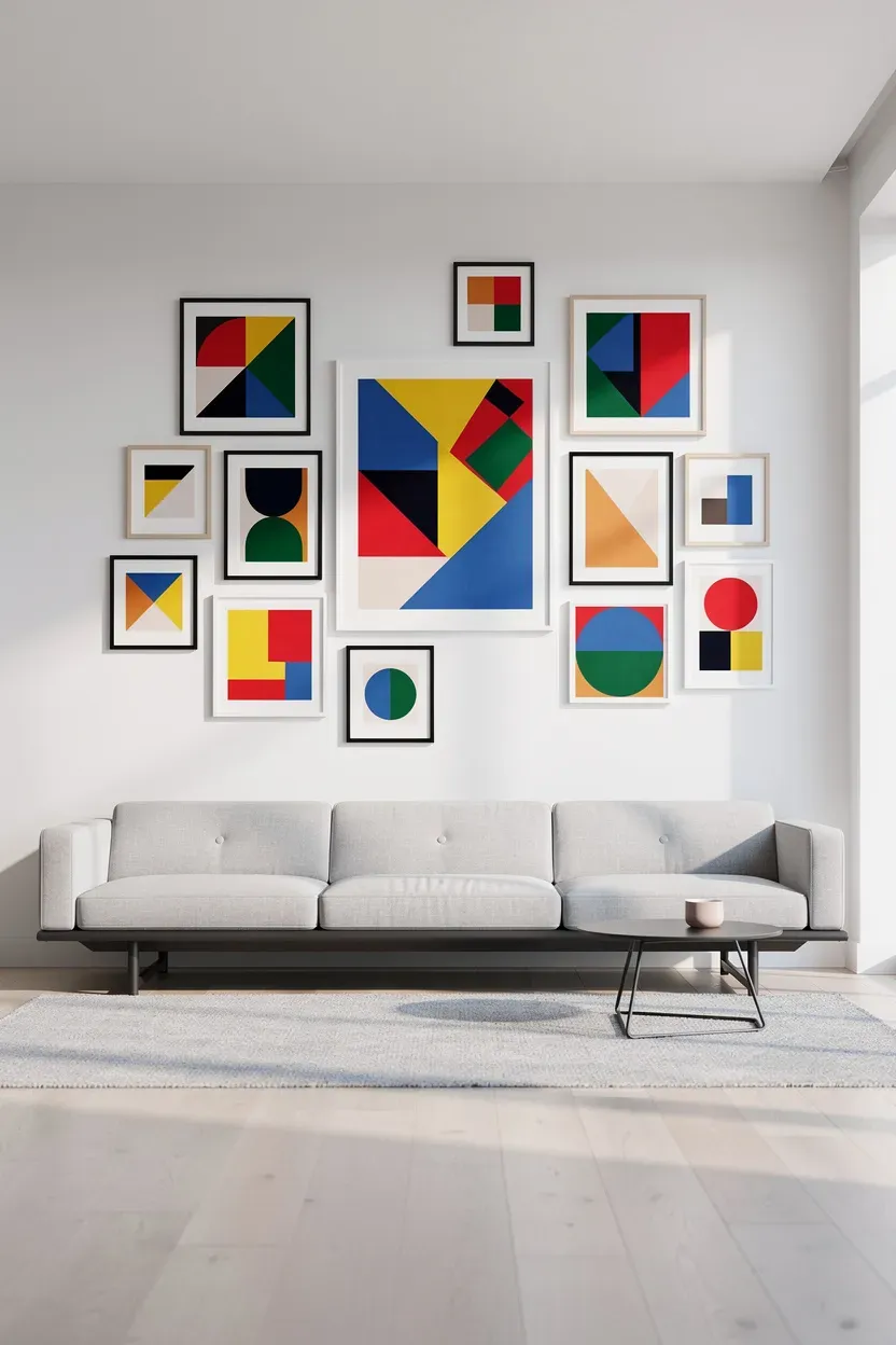 A contemporary living room featuring a gallery wall of geometric artworks above a sleek couch.