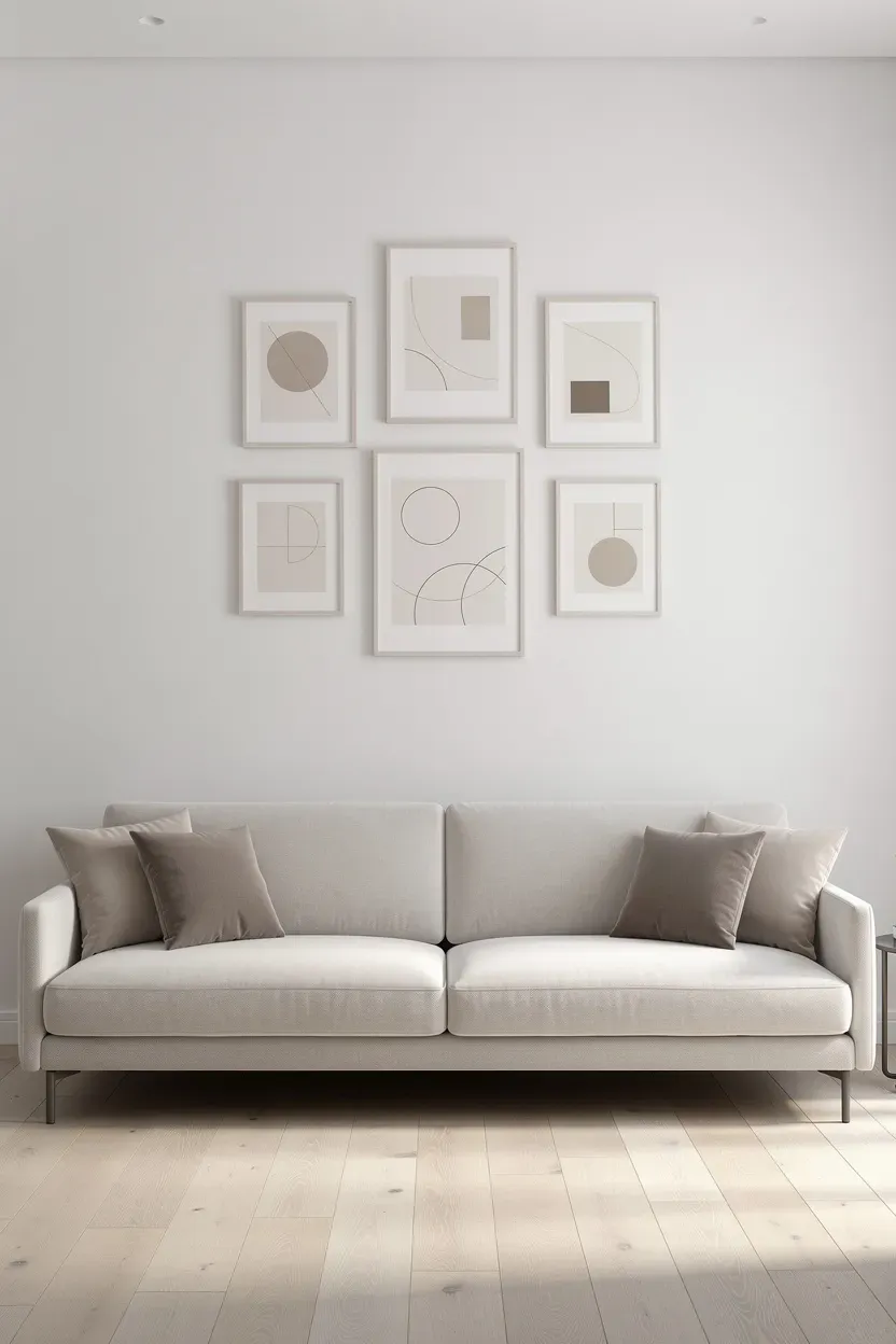 A serene living room showcasing a minimalist art arrangement above a stylish couch.
