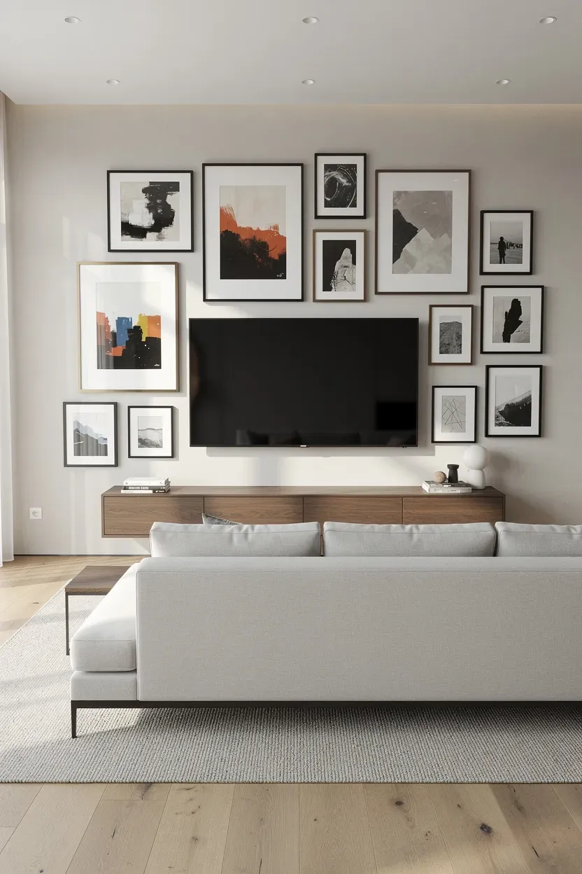 A modern living room featuring a gallery wall behind a TV, creating a seamless integration of decor.