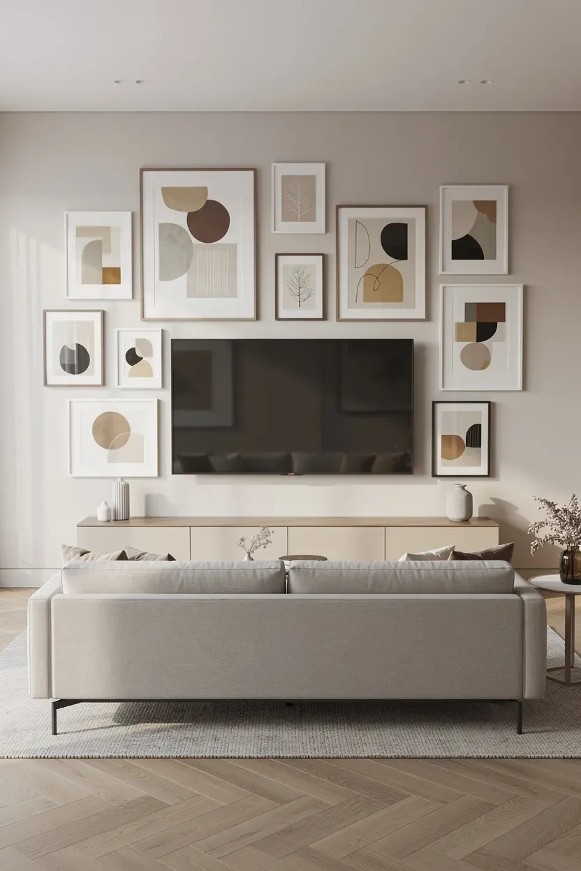 A stylish living room featuring a gallery wall around a TV with a cohesive color scheme.