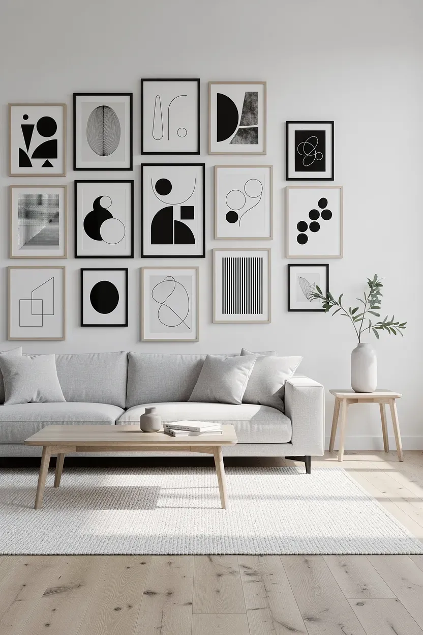 A Scandinavian-inspired living room featuring a gallery wall of black-and-white prints above a cozy couch.