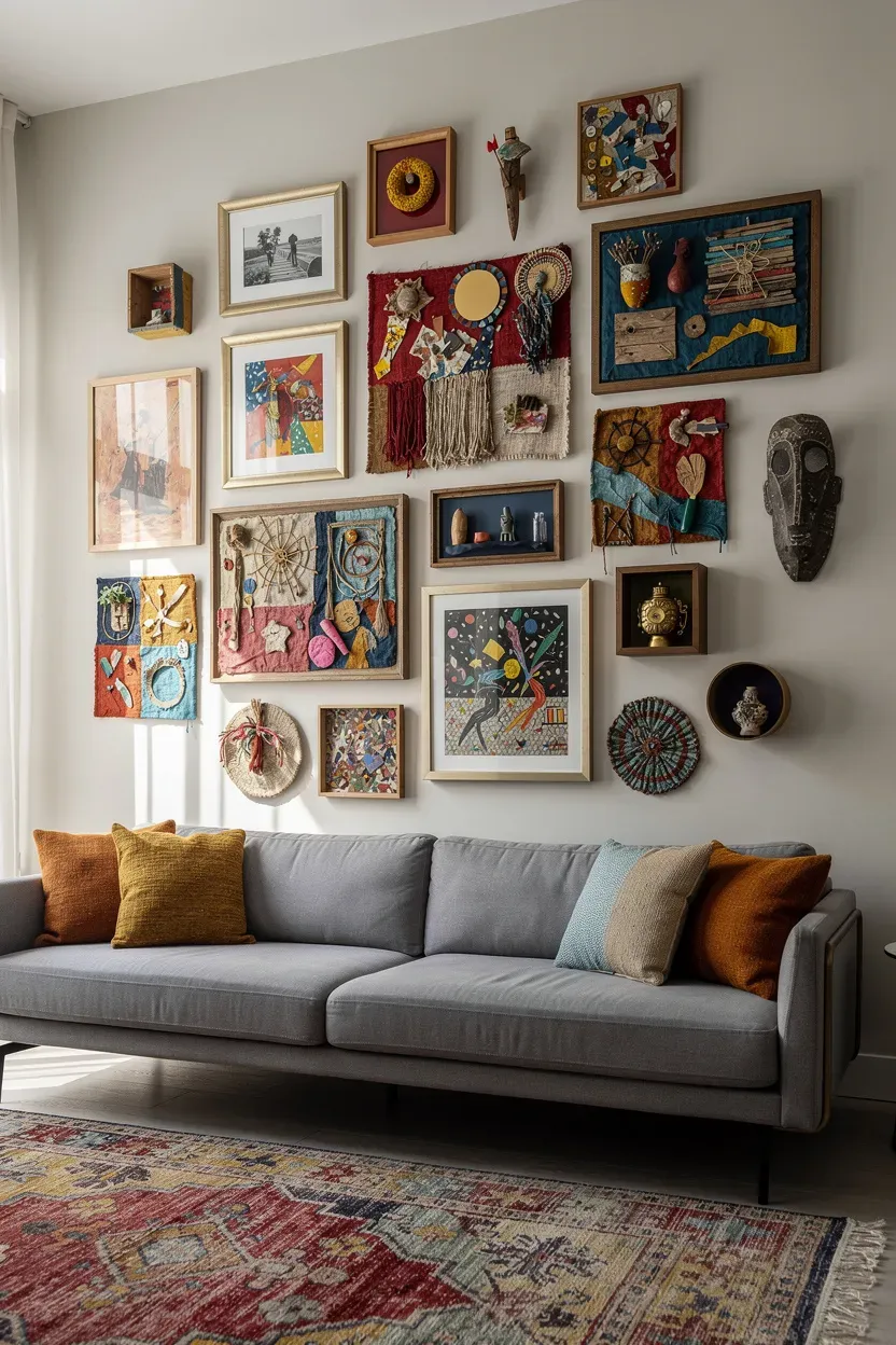 An eclectic living room featuring a gallery wall with mixed media art pieces above a stylish couch.