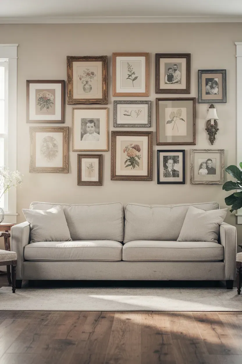 A charming living room featuring a gallery wall of vintage frames above a cozy couch.