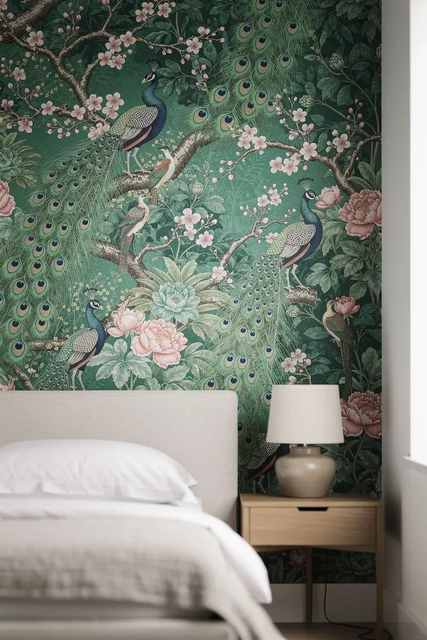 Photorealistic close-up of a bold floral wallpaper with Chinese elements.