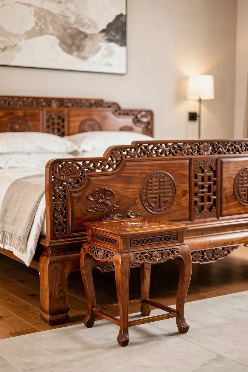 Detailed view of antique Chinese furniture in a stylish bedroom.
