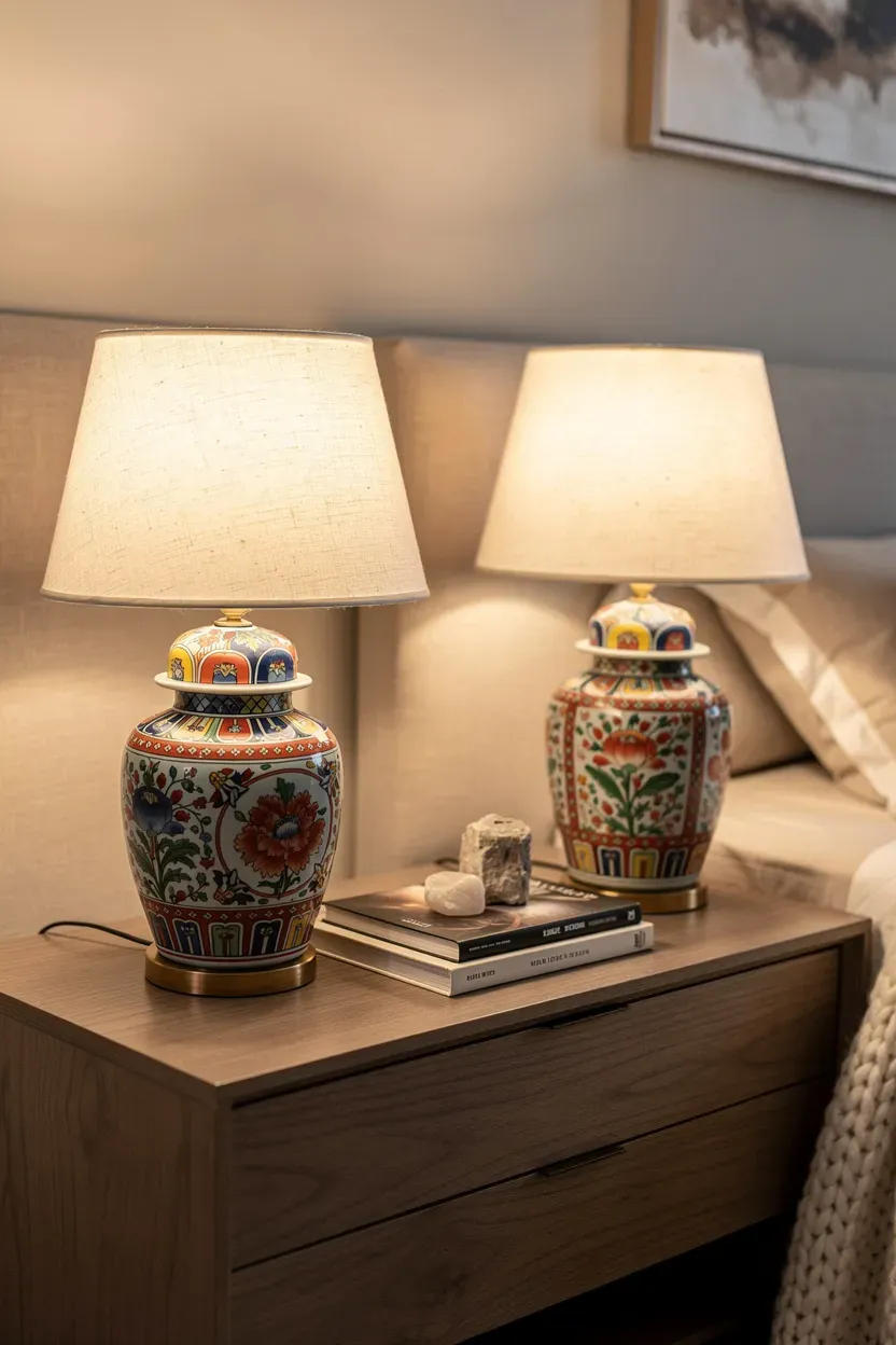 Close-up of colorful porcelain lamps on nightstands in a chic bedroom.