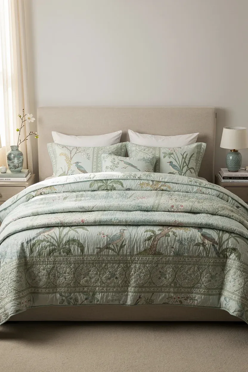 Serene display of Chinoiserie-inspired bedding sets in a stylish bedroom.