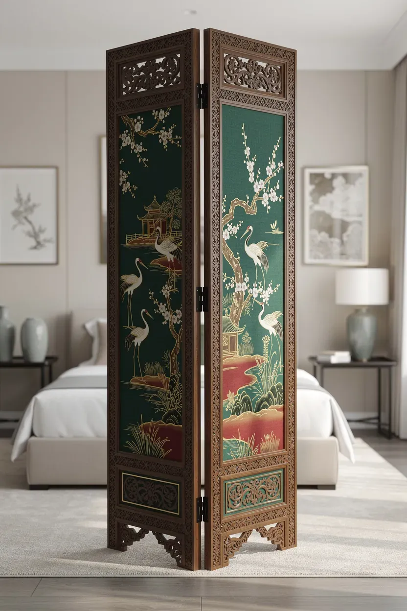 Elegant room divider with intricate designs in a chic bedroom.