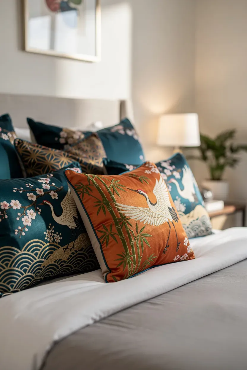 Close-up of accent pillows with Asian-inspired patterns on a stylish bed.