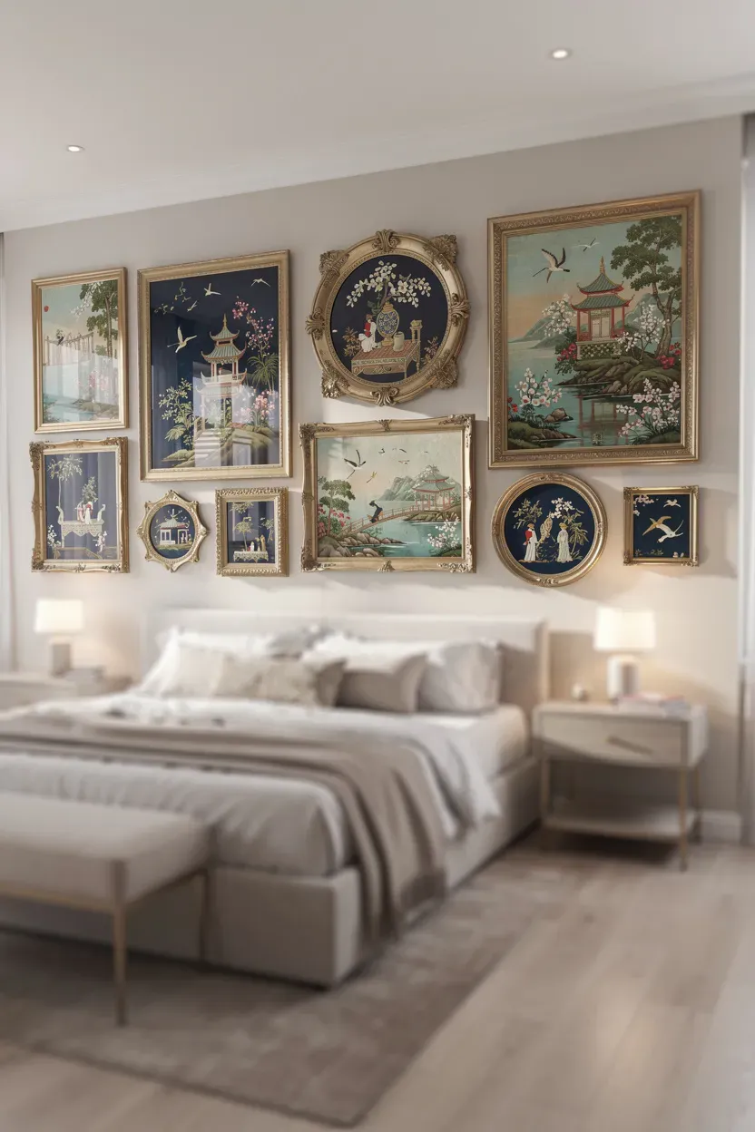 Vintage Chinoiserie art pieces elegantly displayed on bedroom walls.