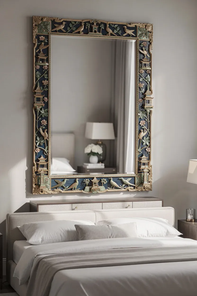 Elegant Chinoiserie mirrors with intricate frames in a stylish bedroom.