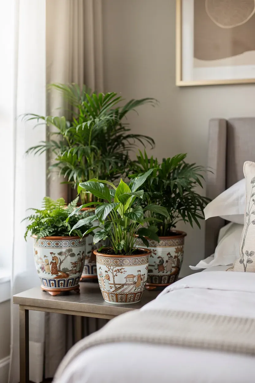 Lush greenery in decorative planters enhancing a chic bedroom.