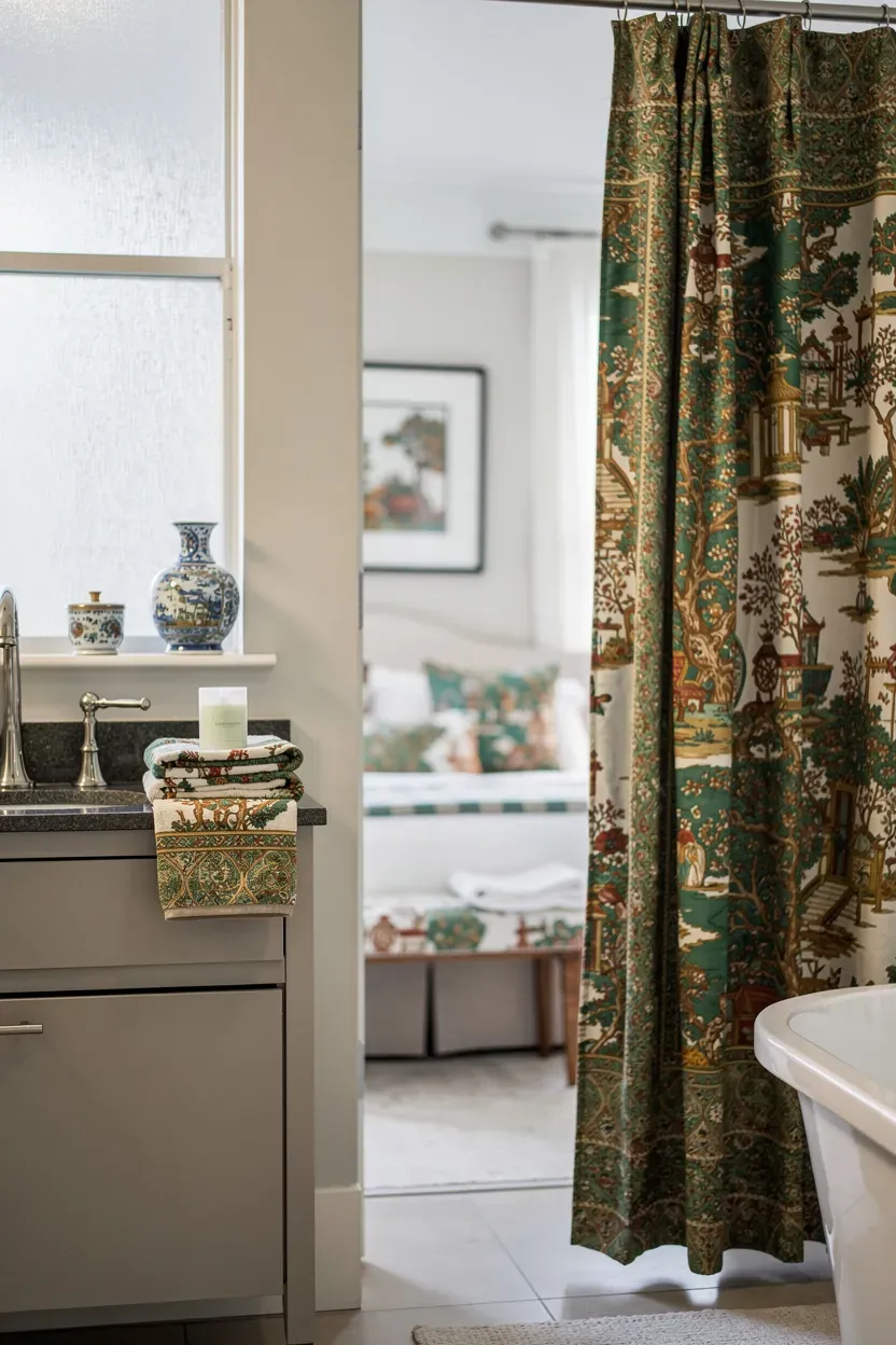 Chinoiserie bathroom accents enhancing cohesion with bedroom decor.