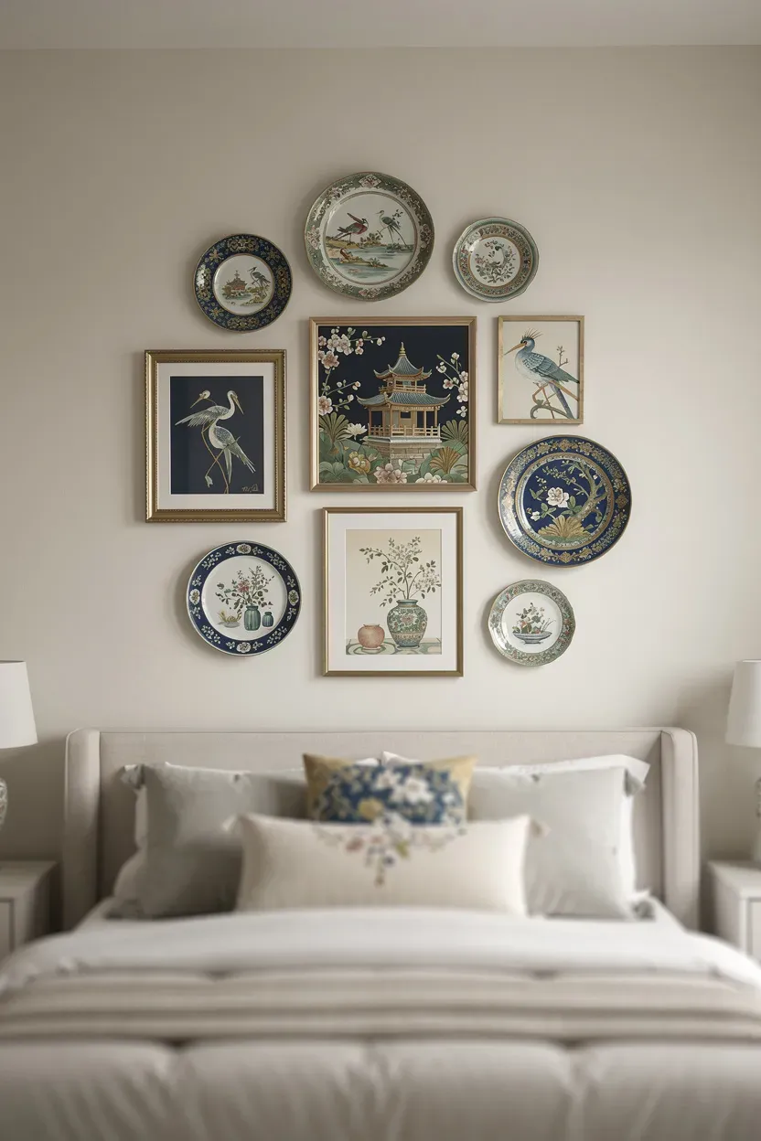 Chic display of Chinoiserie wall art pieces in a stylish bedroom.