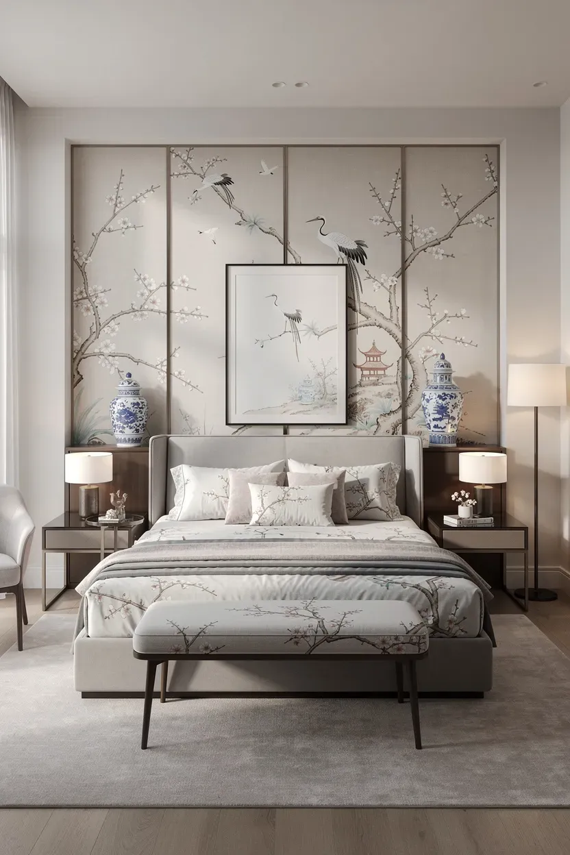 Modern Chinoiserie elements beautifully integrated into a chic bedroom.