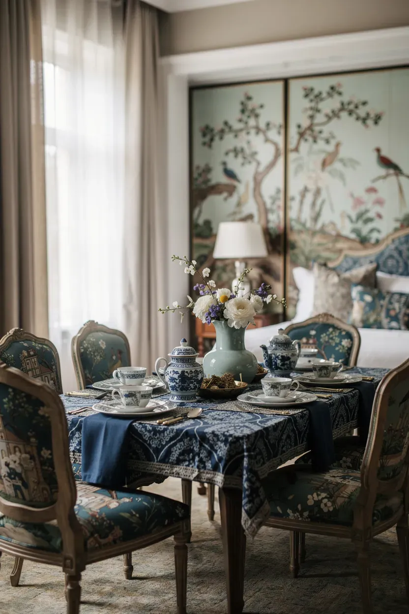Cohesive Chinoiserie-themed dining room elements transitioning from bedroom decor.