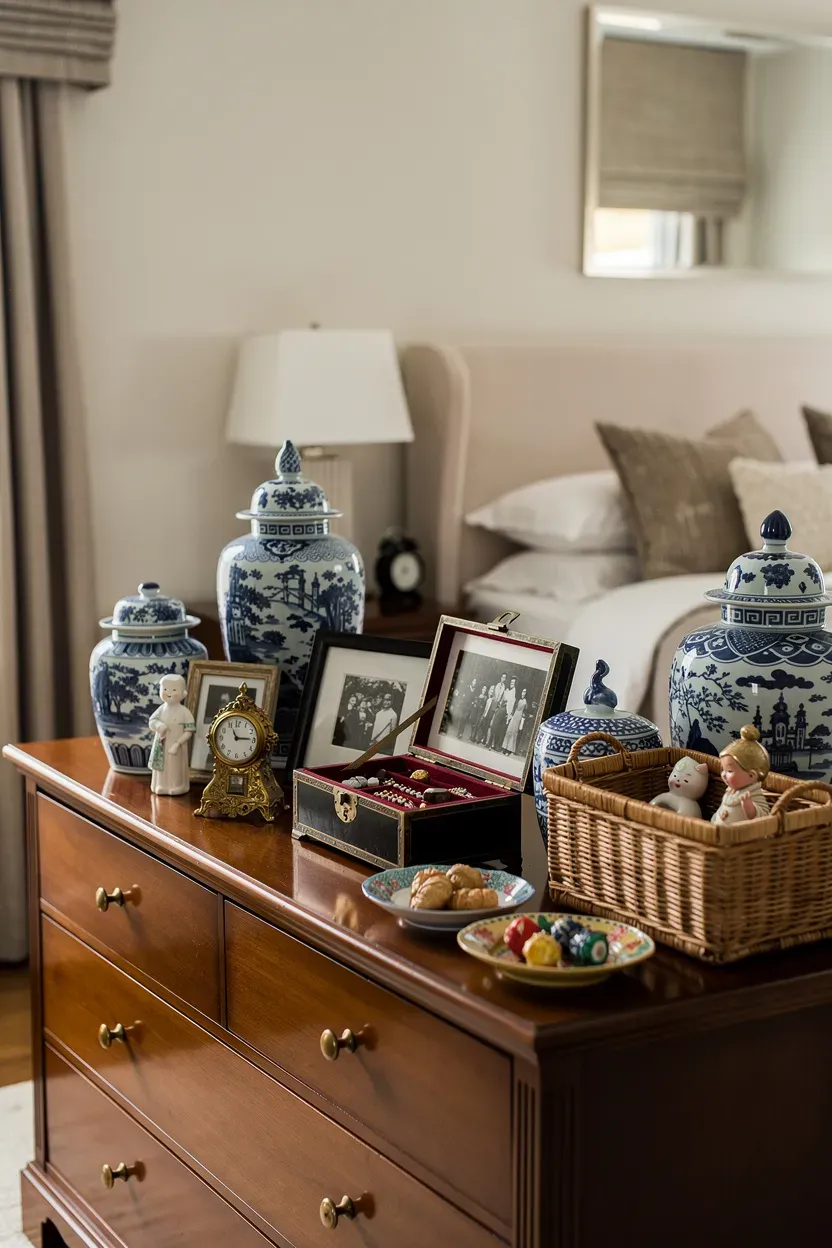 Chinoiserie chic decor with personal touches enhancing bedroom character.