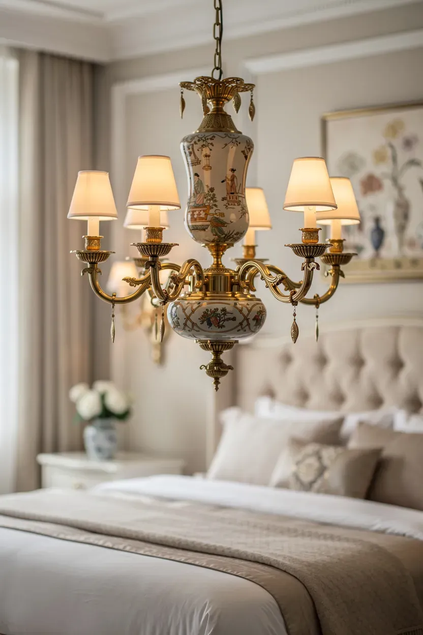 Elegant lighting fixtures with Chinoiserie flair in a stylish bedroom.