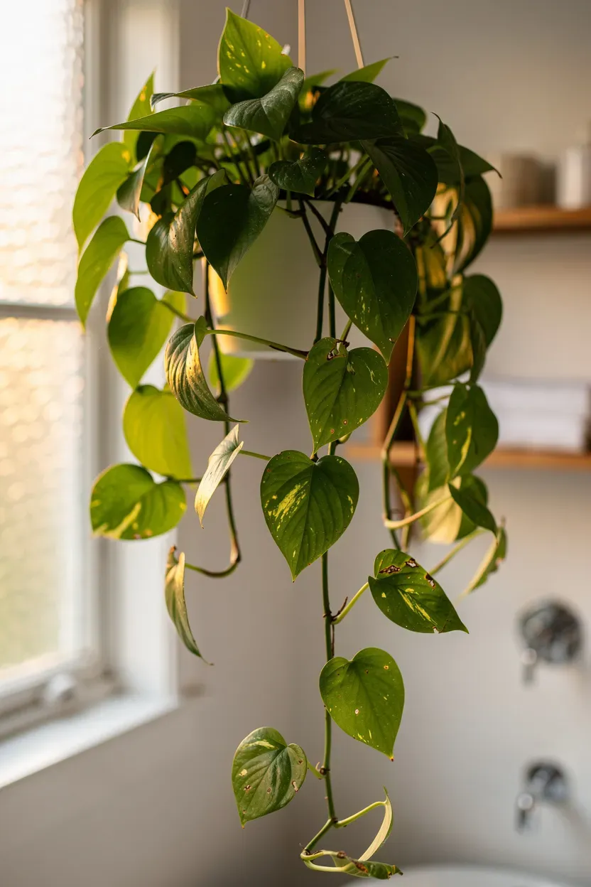 Lush pothos plant cascading from a hanging planter in a bright bathroom.