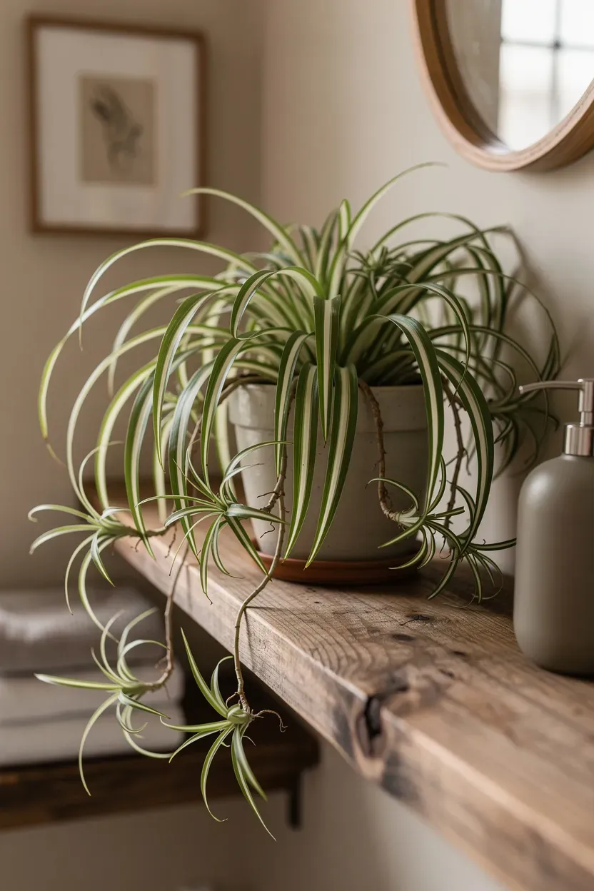 Vibrant spider plant on a rustic wood shelf in a cozy bathroom.