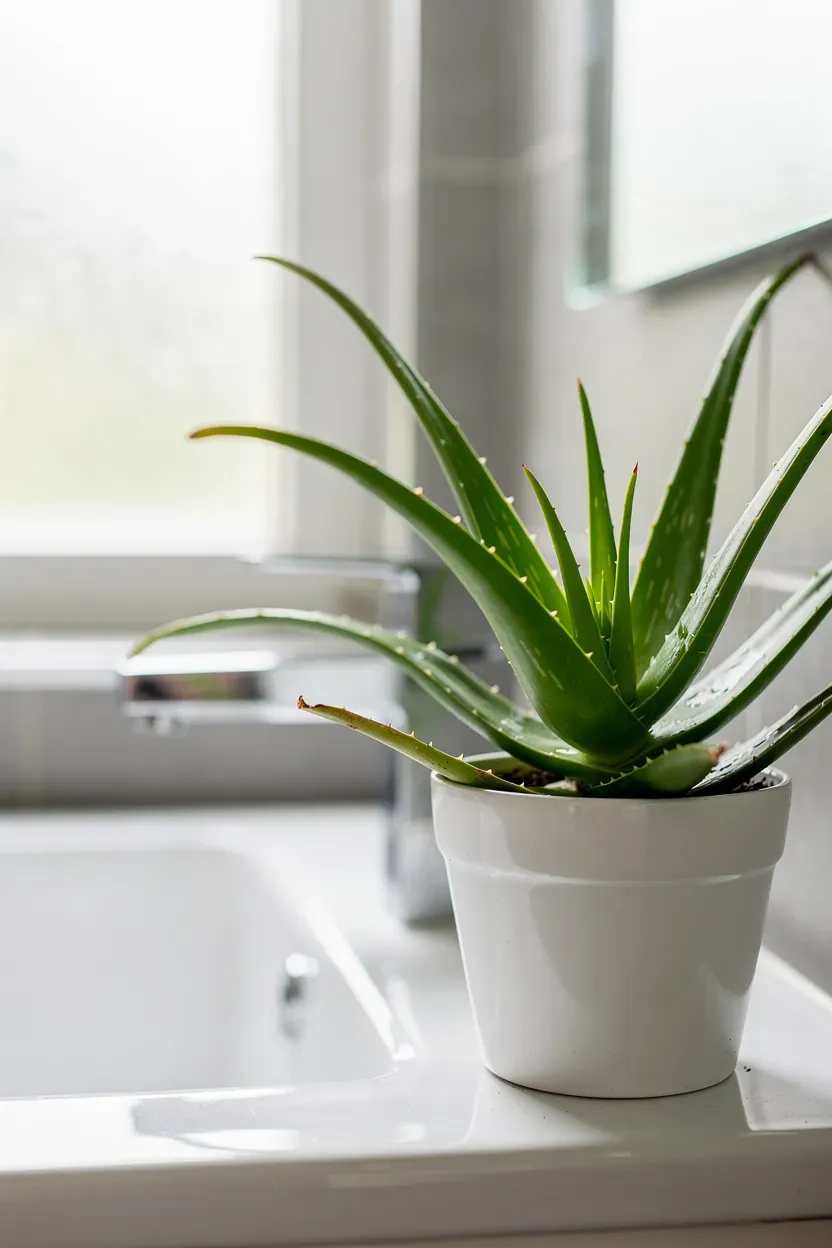 Small aloe vera plant placed by a bathroom sink, showcasing its unique texture.