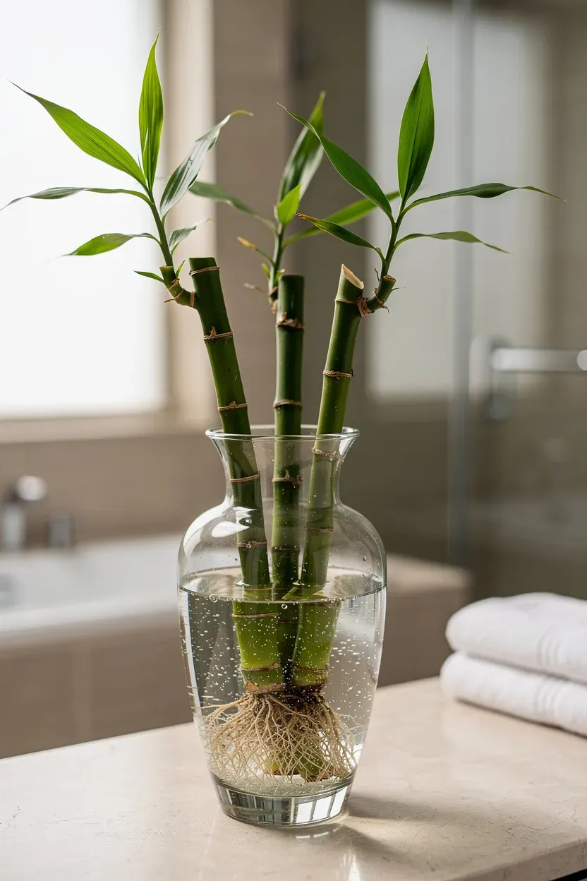 Elegant bamboo stalks in a decorative vase filled with water in a bright bathroom.