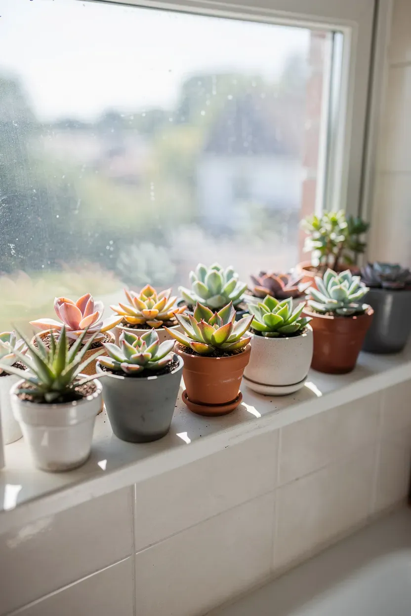 Colorful succulents arranged on a sunny bathroom window sill.