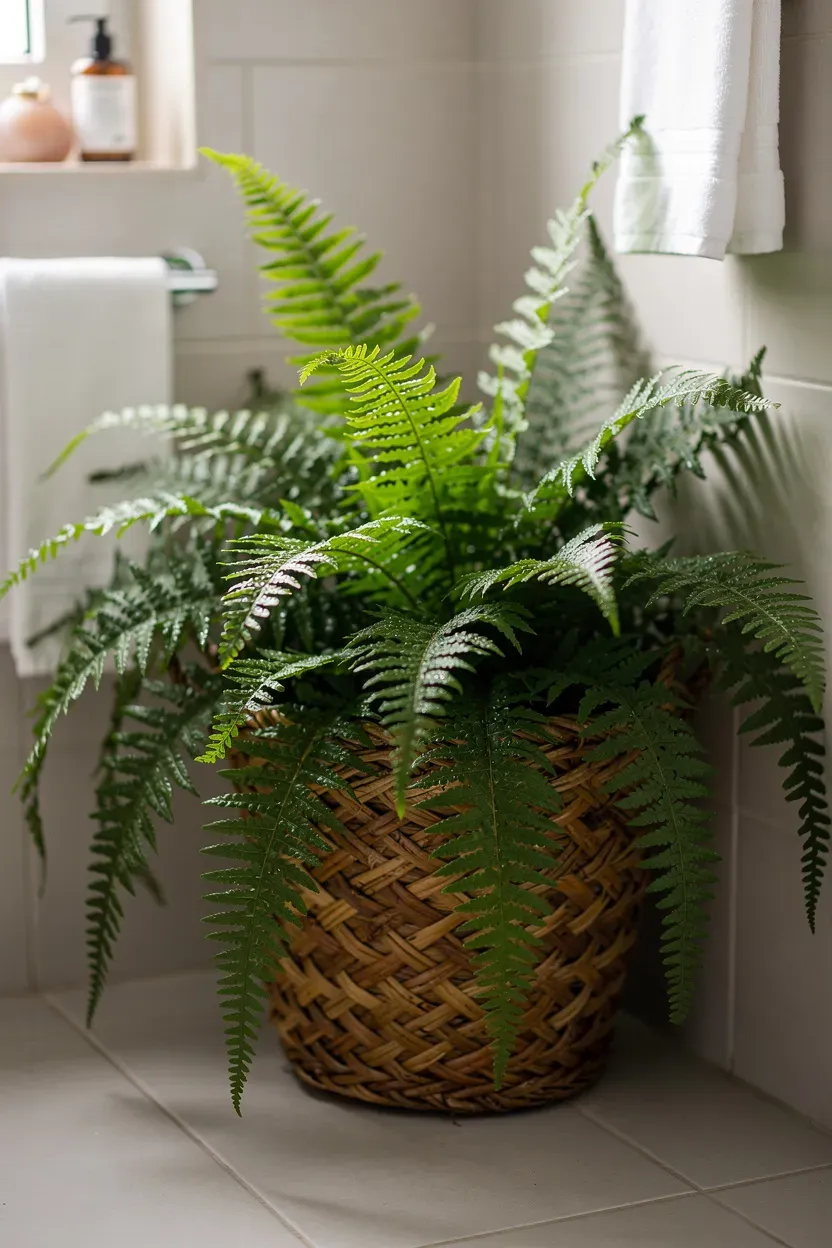 Lush ferns elegantly arranged in a corner basket in a cozy bathroom.