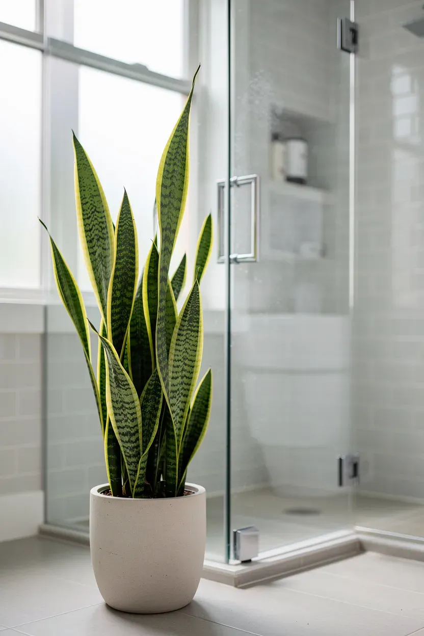 Tall snake plant positioned beside a shower in a bright bathroom.