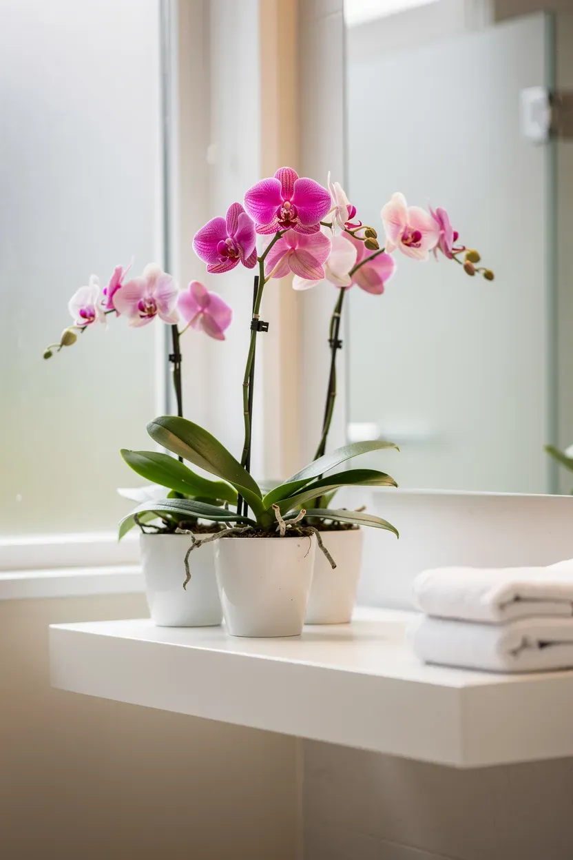 Elegant orchids displayed on a floating shelf in a bright bathroom.